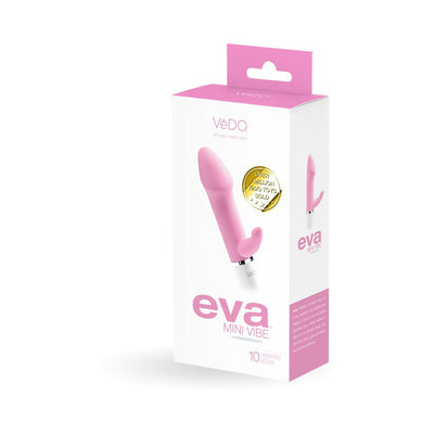 VeDO Eva Mini Vibe in blush pink with flexible rabbit tickler, displayed in white and pink packaging.
