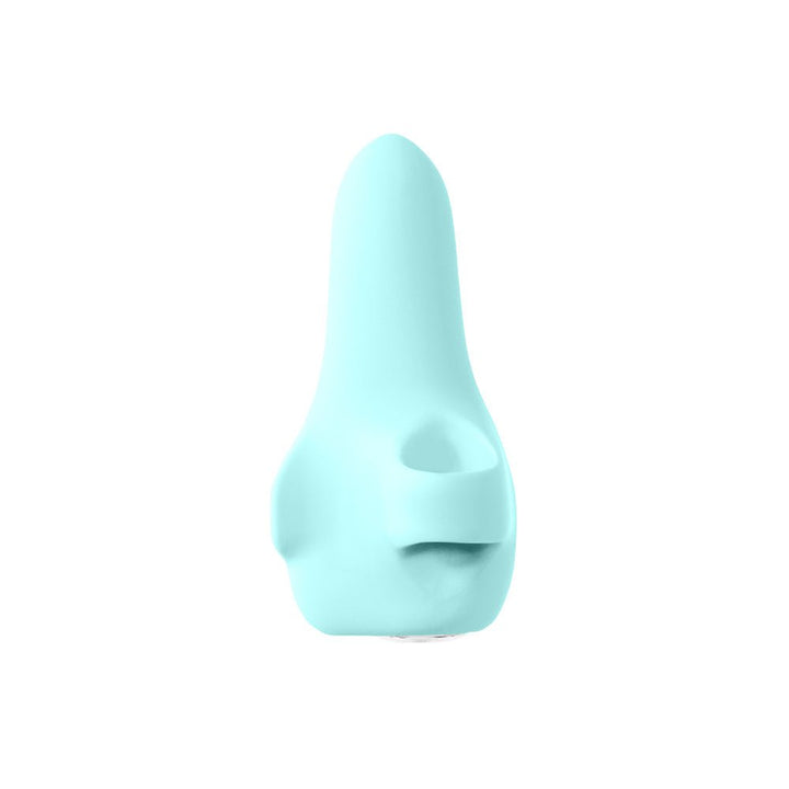 Light blue rechargeable bullet vibrator with finger holder and smooth silicone finish.