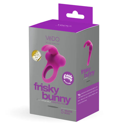Packaging of the Frisky Bunny rechargeable vibrating ring in purple and gray with product image and branding details.
