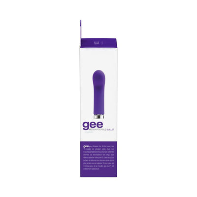 VeDO Gee Plus rechargeable indigo bullet vibrator in sleek packaging with product image and description.