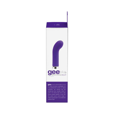 VeDO Gee Plus rechargeable indigo vibrator in sleek packaging with product image and description.
