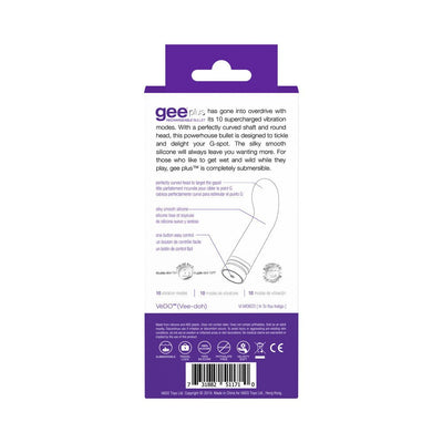 VeDO Gee Plus Rechargeable Vibe packaging back showing product features and specifications in indigo and white design.