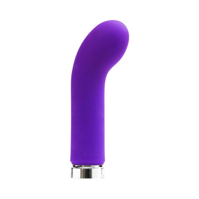 VeDO Gee Plus rechargeable indigo silicone vibrator with curved tip and silver base on white background.