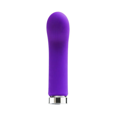 VeDO Gee Plus rechargeable indigo silicone vibe with curved tip and silver base on white background.