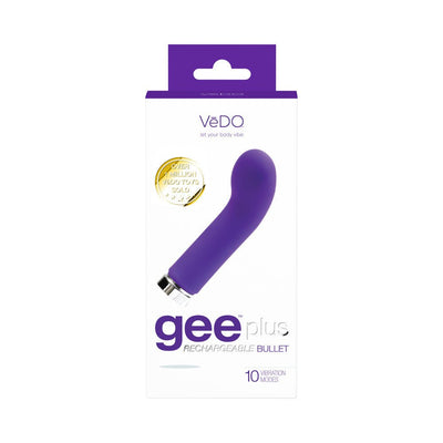 VeDO Gee Plus rechargeable purple bullet vibrator packaging showing curved design and 10 vibration modes.