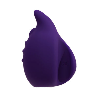 Compact purple silicone finger vibrator with textured surface and ergonomic curved design.