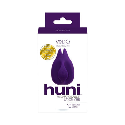 Packaging of Vedo Huni rechargeable finger vibrator in purple with 10 vibration modes and over 1 million toys sold badge.