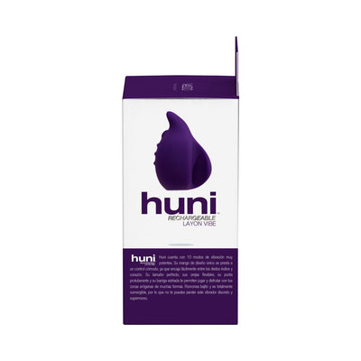 Packaging box of Vedo Huni Rechargeable Finger Vibe in purple and white with product image and description.