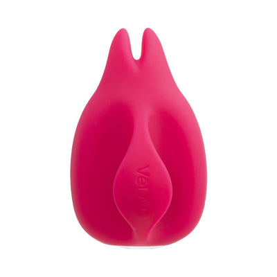 Compact pink silicone rechargeable finger vibrator with split tip and ergonomic design for targeted stimulation.