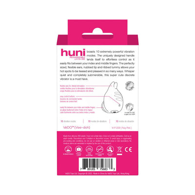 Back packaging of Vedo Huni Rechargeable Finger Vibe with product features and usage instructions in pink and white design.