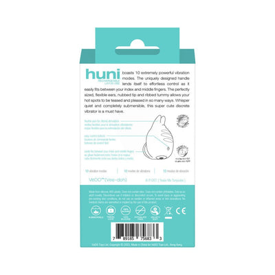 Back packaging of Vedo Huni Rechargeable Finger Vibe with product features and usage instructions in turquoise and white design.