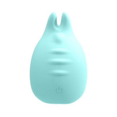 Light blue rechargeable finger vibrator with flexible ears and textured surface, designed for targeted stimulation.