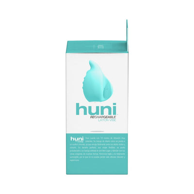 Packaging box of the Vedo Huni rechargeable finger vibrator in turquoise and white with product image and description.