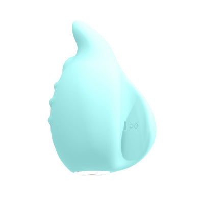 Light blue rechargeable finger vibrator with ergonomic curved design and textured surface for targeted stimulation.