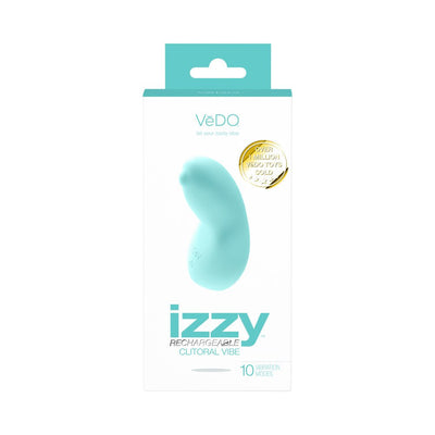 Turquoise VeDO Izzy rechargeable clitoral vibe in white packaging highlighting 10 vibration modes and silicone material.