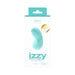 Turquoise VeDO Izzy rechargeable clitoral vibe in white packaging highlighting 10 vibration modes and silicone material.