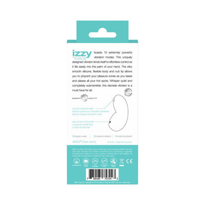 VeDO Izzy rechargeable clitoral vibe packaging showing product features, usage instructions, and specifications in turquoise and white design.