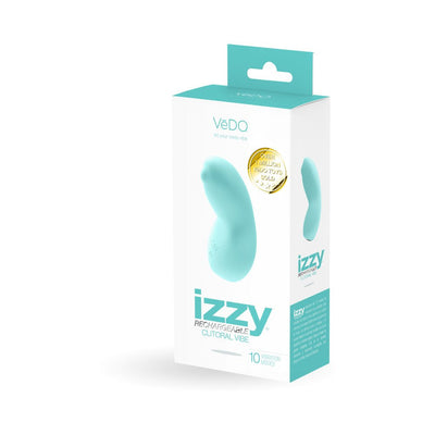 Turquoise VeDO Izzy rechargeable clitoral vibrator shown on white retail packaging with product details and branding.