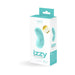 Turquoise VeDO Izzy rechargeable clitoral vibrator shown on white retail packaging with product details and branding.