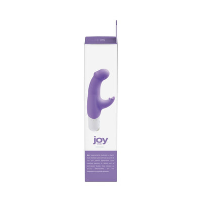VeDO Joy Mini Vibe in orchid purple with curved G-spot stimulator and flexible clitoral tickler in retail packaging.