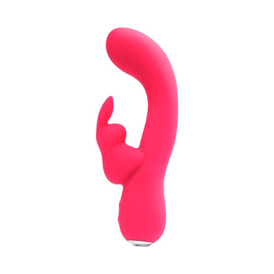Foxy pink dual motor silicone vibrator with curved shaft and flexible clitoral stimulator.