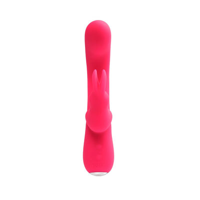 Foxy pink VeDO Kinky Bunny Plus dual motor vibrator with rabbit-shaped clitoral stimulator and smooth silicone shaft.