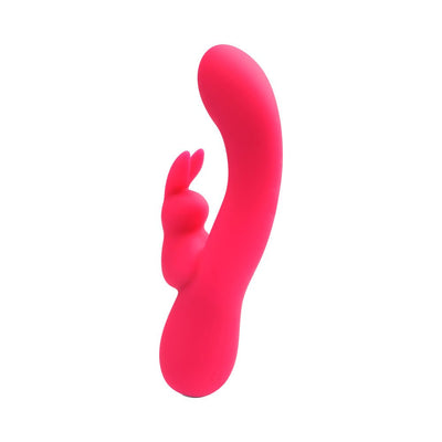 Foxy pink VeDO Kinky Bunny Plus dual motor vibrator with curved shaft and rabbit-shaped clitoral stimulator.