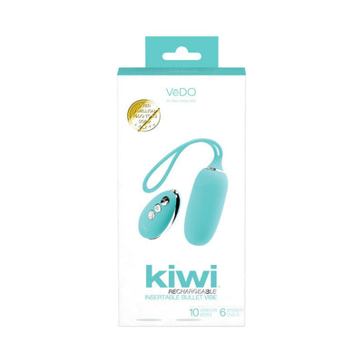 Turquoise VeDO Kiwi rechargeable insertable bullet vibrator with remote control shown on white packaging box.