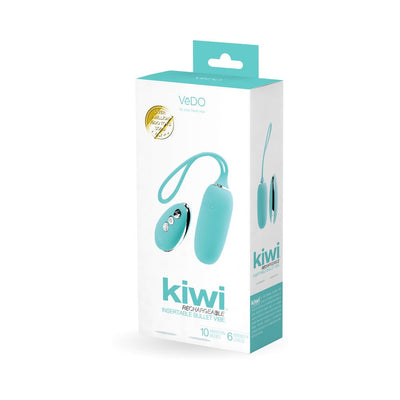 VeDO KIWI rechargeable turquoise insertable bullet vibrator with remote control shown in packaging box.