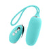 Turquoise VeDO KIWI rechargeable silicone bullet vibrator with matching remote control and wrist loop.