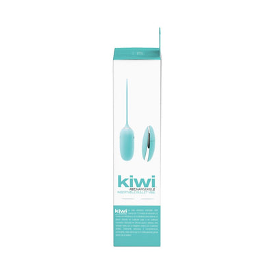 VeDO KIWI rechargeable turquoise insertable bullet vibrator with remote control shown on product packaging.