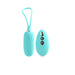 Turquoise VeDO KIWI rechargeable insertable bullet vibrator with matching remote control on white background.