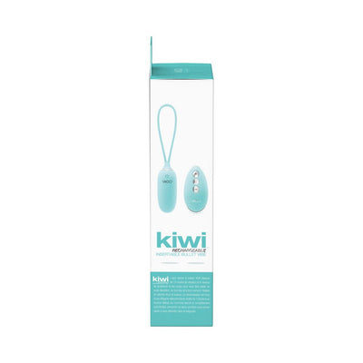 VeDO KIWI rechargeable turquoise insertable bullet vibrator with remote control shown on product packaging.