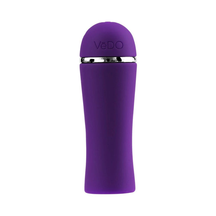 Compact purple rechargeable personal massager with smooth silicone finish and silver accent ring.