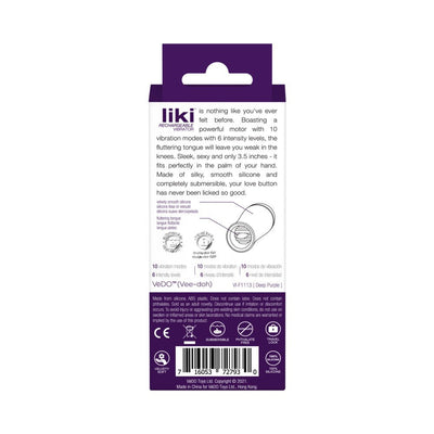 Back view of Vedo Liki Rechargeable Flicker packaging detailing features, materials, and usage instructions in purple and white design.