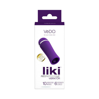 Packaging of Vedo Liki rechargeable purple vibrator highlighting 10 vibration modes and 6 intensity levels.
