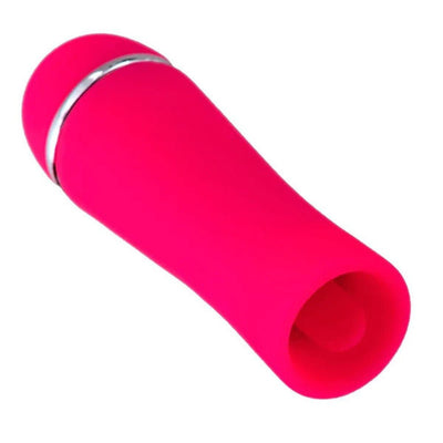 Compact bright pink silicone rechargeable personal massager with a rounded tip and silver accent ring.
