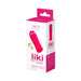 Packaging box of Vedo Liki Rechargeable Flicker vibrator in bright pink and white with product image and features.