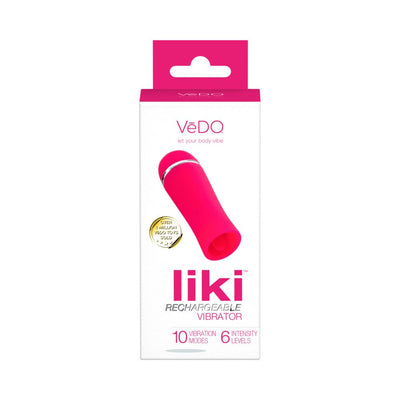 Vedo Liki Rechargeable Flicker vibrator in pink with 10 vibration modes and 6 intensity levels shown in retail packaging.