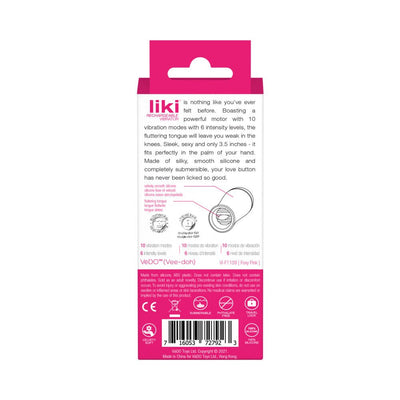 Back packaging of Vedo Liki Rechargeable Flicker vibrator with product details and features in pink and white design.