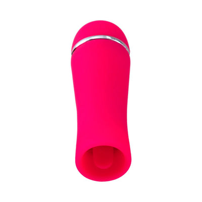 Compact bright pink silicone rechargeable personal massager with a rounded tip and silver accent ring.