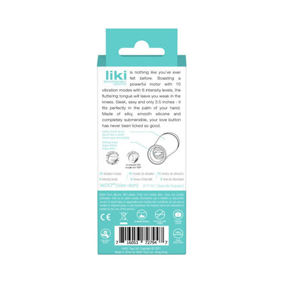 Back view of Vedo Liki Rechargeable Flicker packaging highlighting features, usage instructions, and product specifications.