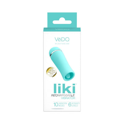 Packaging of Vedo Liki rechargeable vibrator in turquoise with 10 vibration modes and 6 intensity levels shown on box.