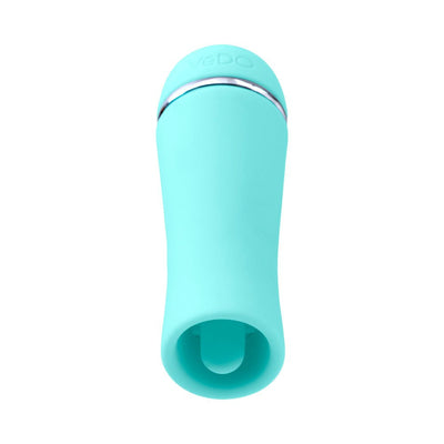 Compact turquoise rechargeable vibrator with a smooth silicone finish and a rounded opening for targeted stimulation.