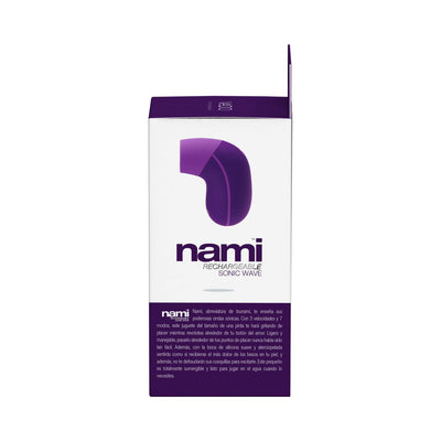 Packaging box of the Vedo Nami Rechargeable Sonic Vibe in purple and white with product image and description.
