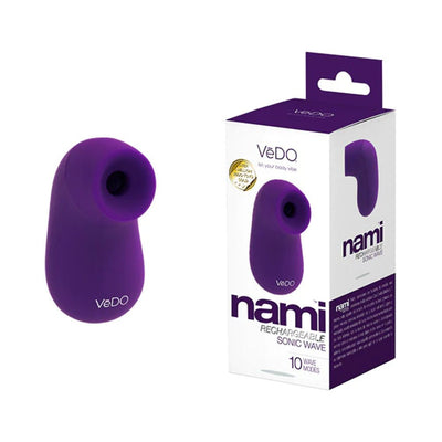 Purple Vedo Nami rechargeable sonic vibe next to its white and purple retail packaging box.