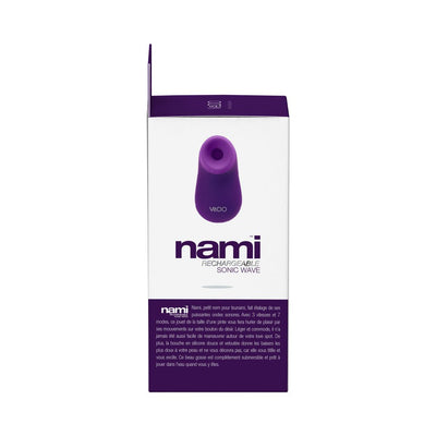 Purple Vedo Nami Rechargeable Sonic Vibe in its white and purple retail packaging with product details.