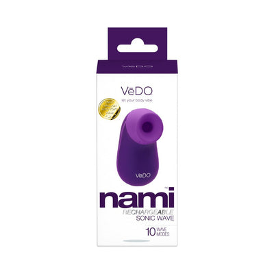 Purple Vedo Nami rechargeable sonic wave vibrator in white retail packaging with product details.
