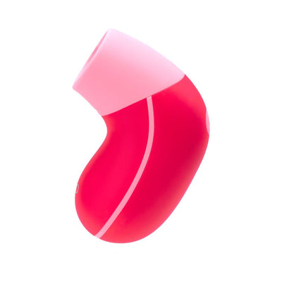 Compact red and pink rechargeable sonic vibe with curved ergonomic design and silicone tip.