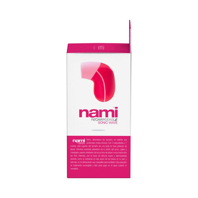 Packaging box of Vedo Nami Rechargeable Sonic Vibe in white and pink with product image and description in Spanish.